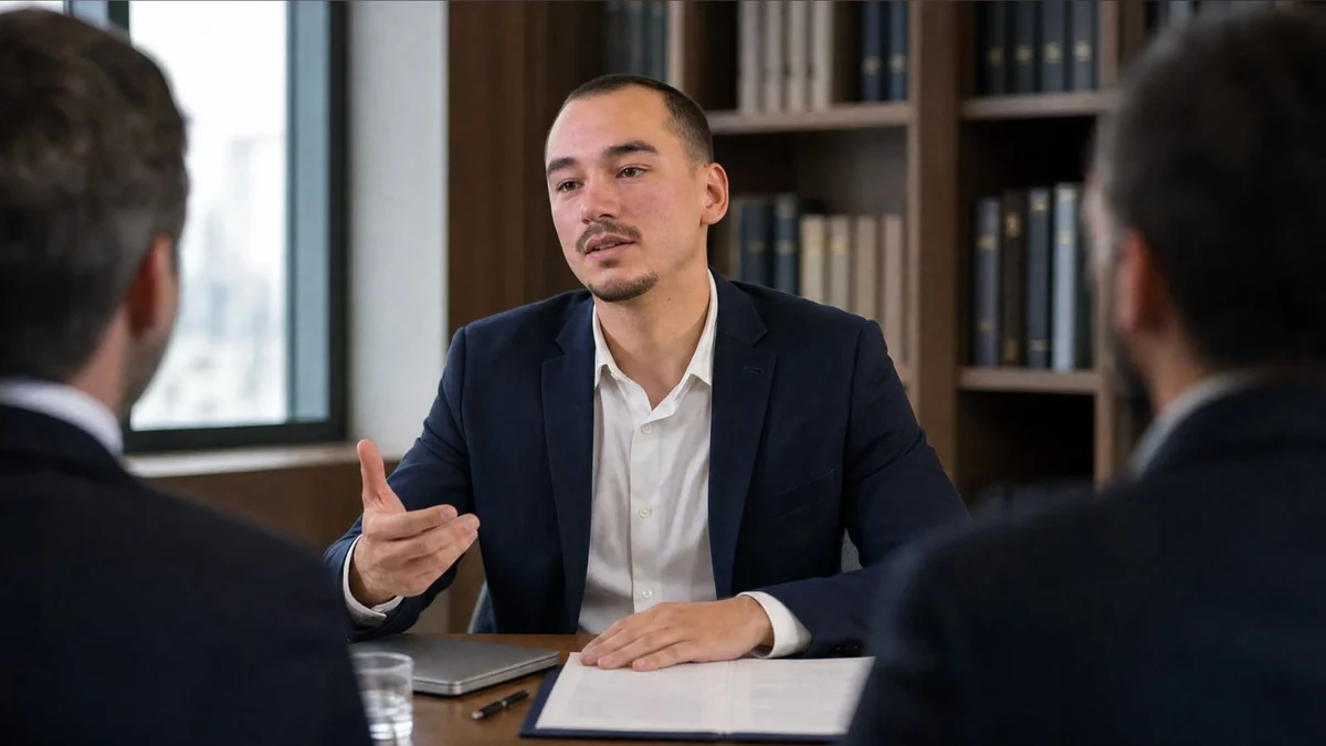 Un avocat explique un document à deux associés assis en face de lui